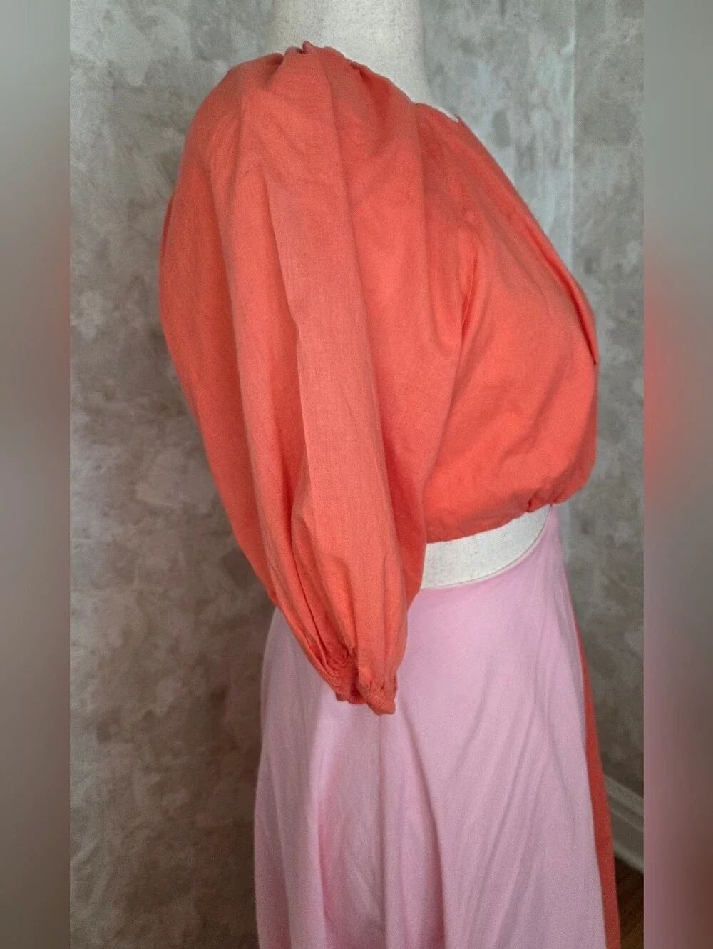 Colorblock Cutout Midi Dress Pink Coral Puff Sleeve Boutique LA Jolie NWOT - Picture 6 of 13
